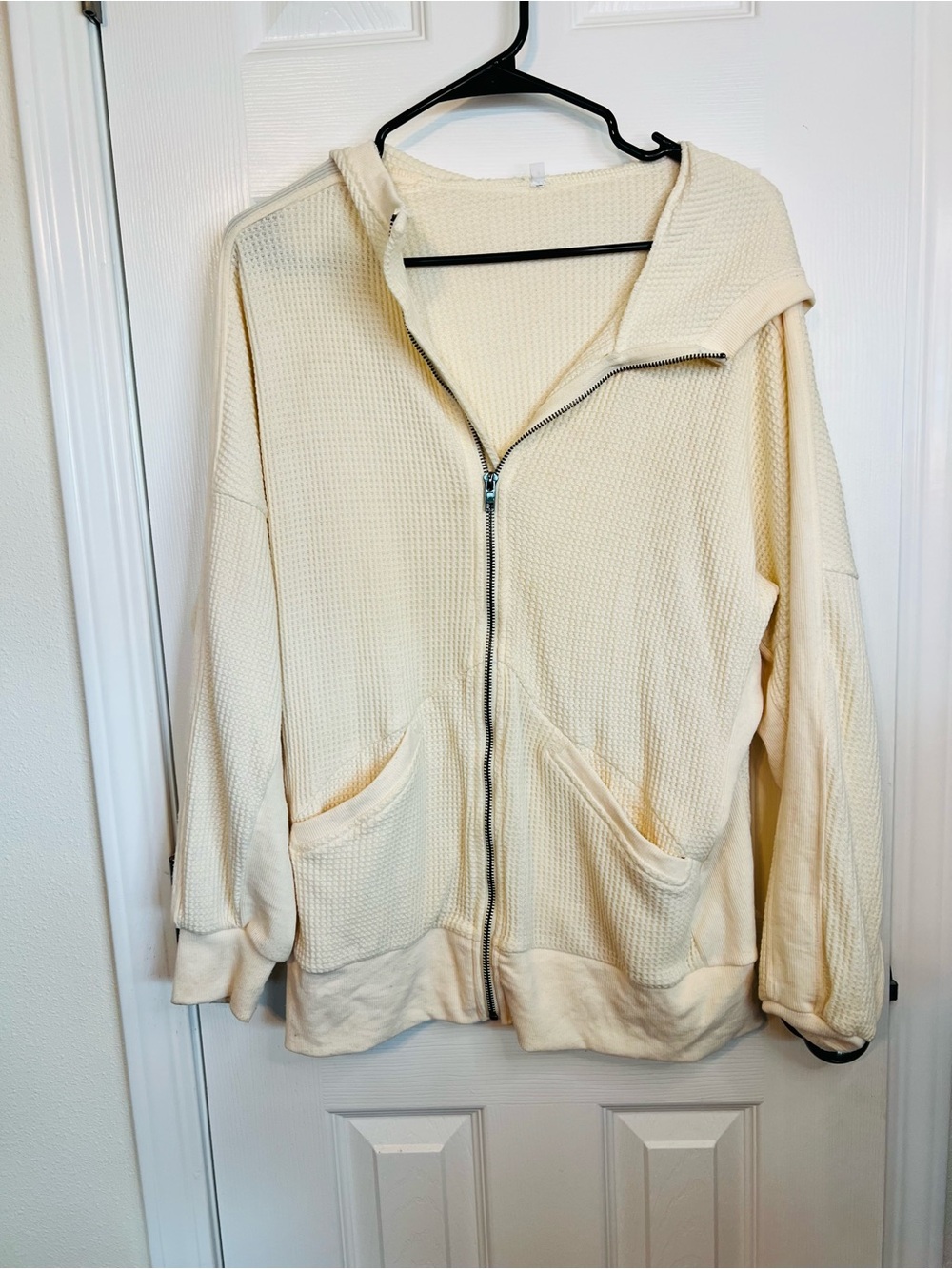 Cream Waffle Knit Zip-Up Hoodie